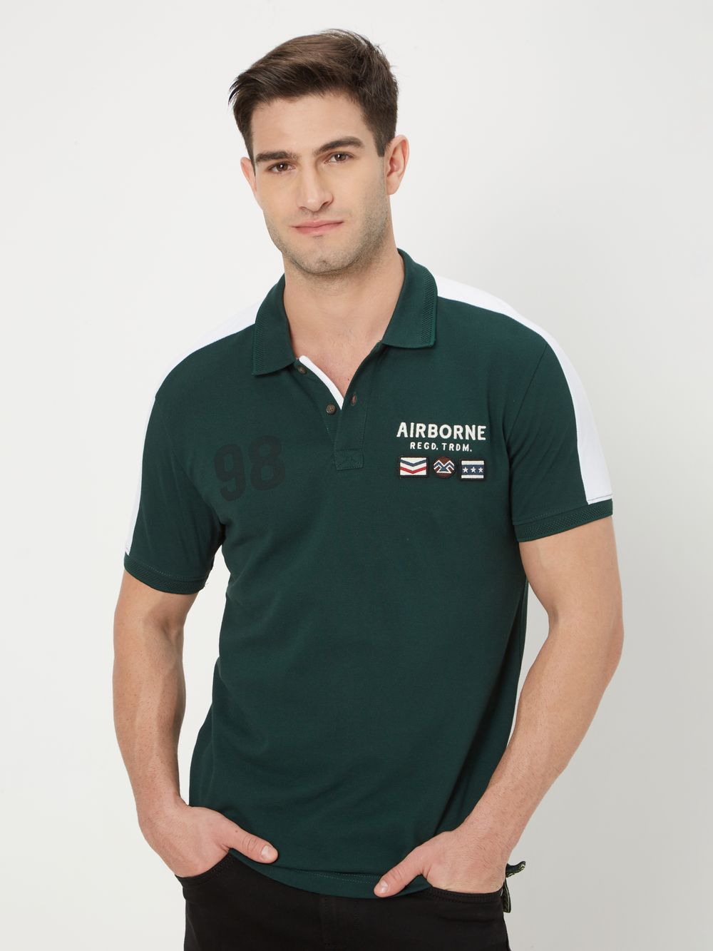 Green & White Cut & Sew Pique Polo T-Shirt