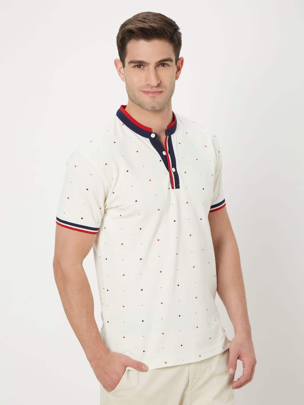 White & Red Geometric Print Henley