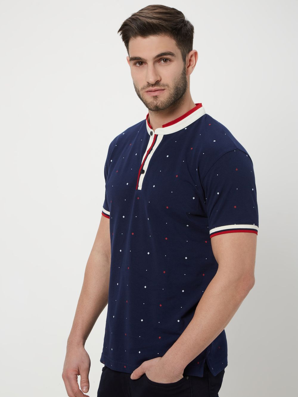 Navy & Red Geometric Print Henley