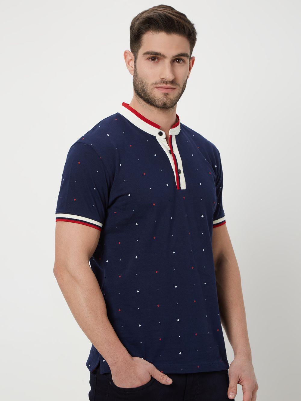 Navy & Red Geometric Print Henley