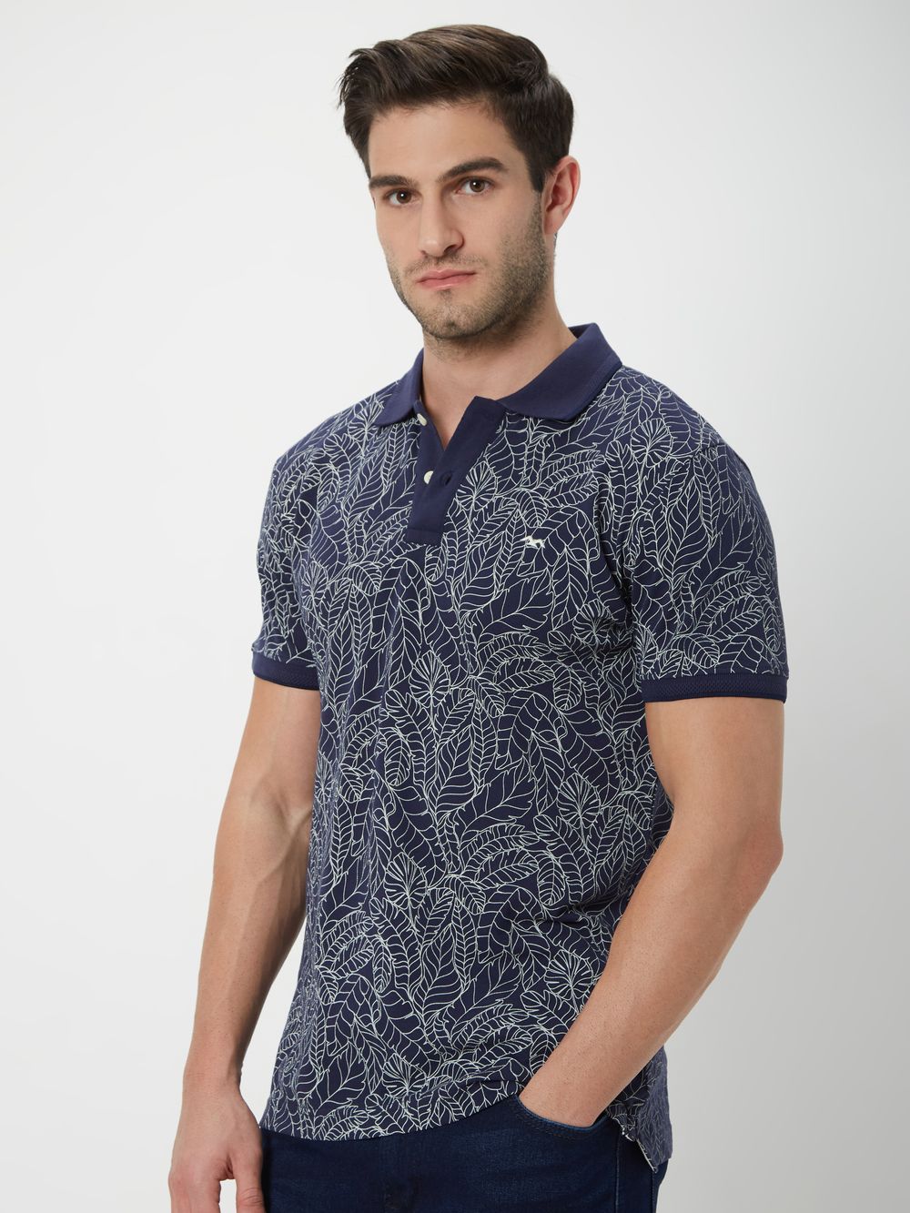 Navy & White Floral Print Polo T-Shirt