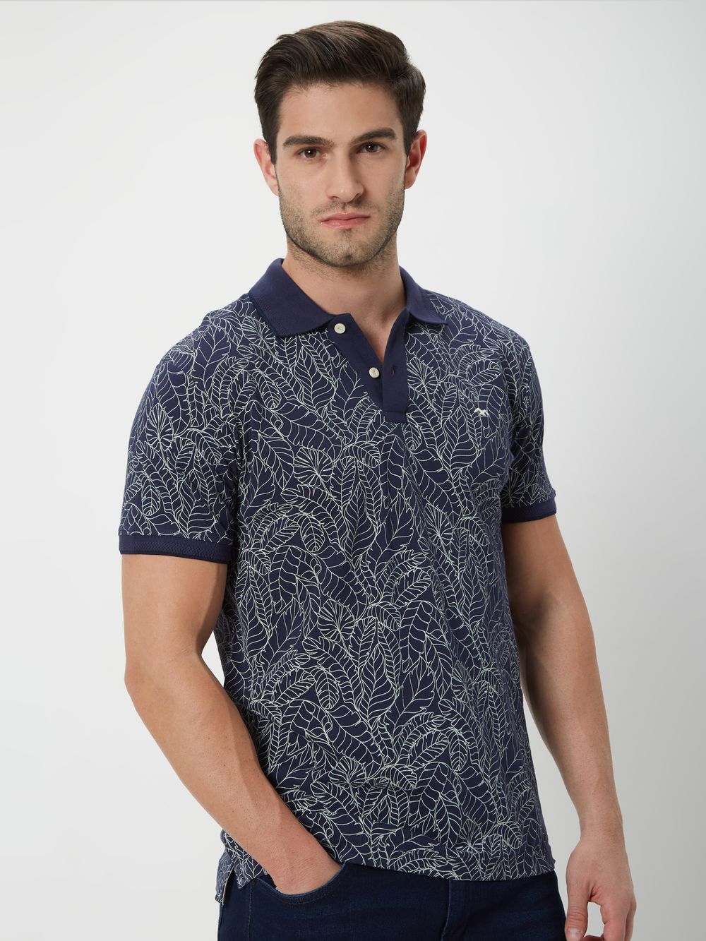 Navy & White Floral Print Polo T-Shirt