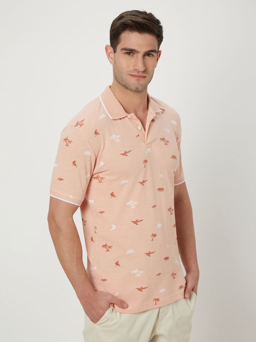 Peach & White Palm Print Polo T-Shirt