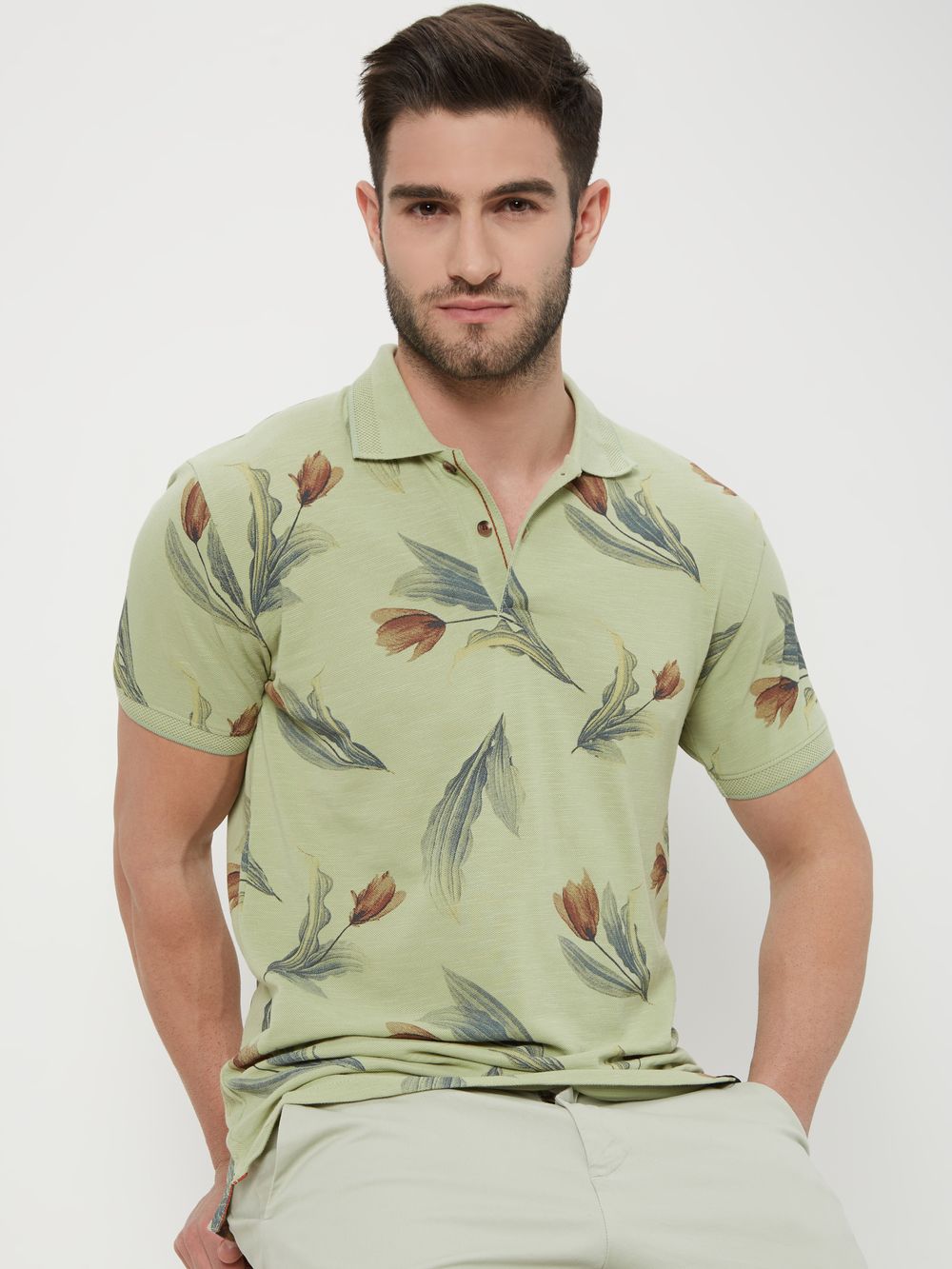 Light Olive & Rust Print Pique Polo T-Shirt