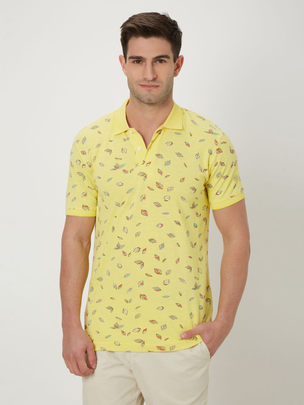 Yellow Leaf Print Slub Pique Polo T-Shirt