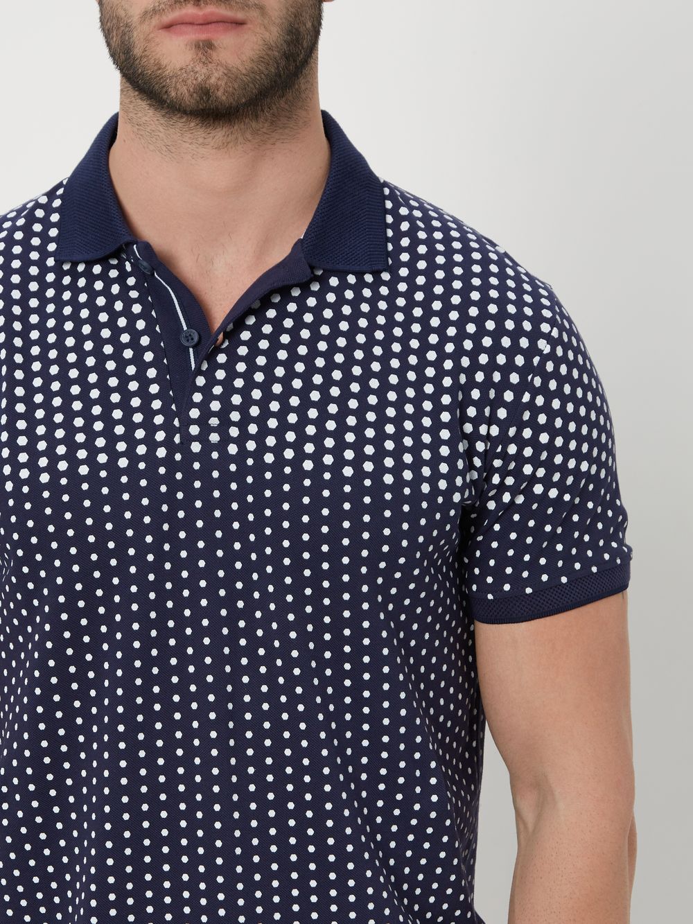 Navy & White Geometric Print Polo T-Shirt