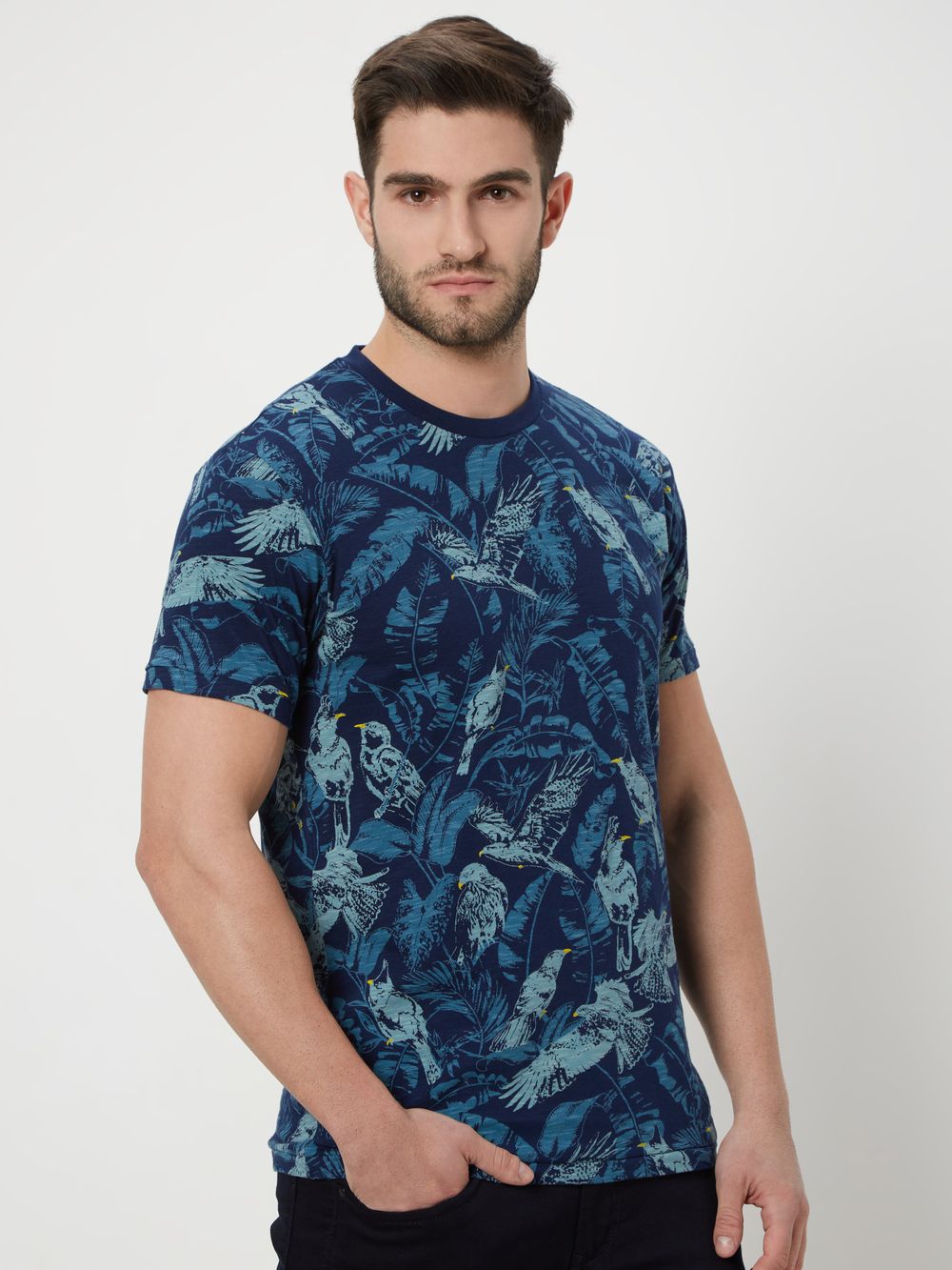 Navy & White Leaf Print Polo T-Shirt