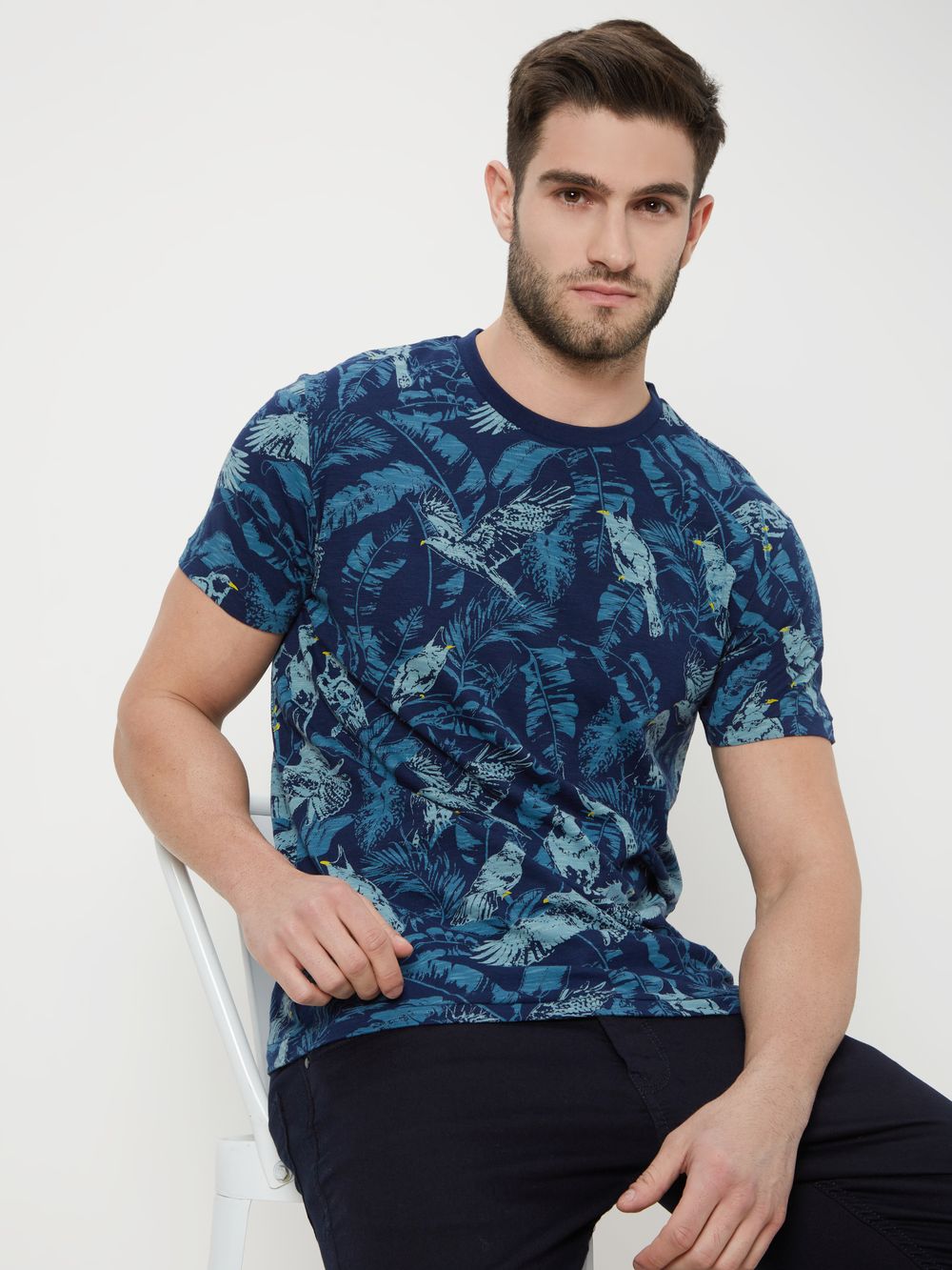 Navy & White Leaf Print Polo T-Shirt