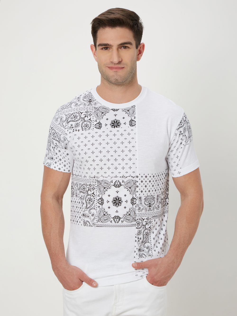 White & Black Paisley Print T-Shirt