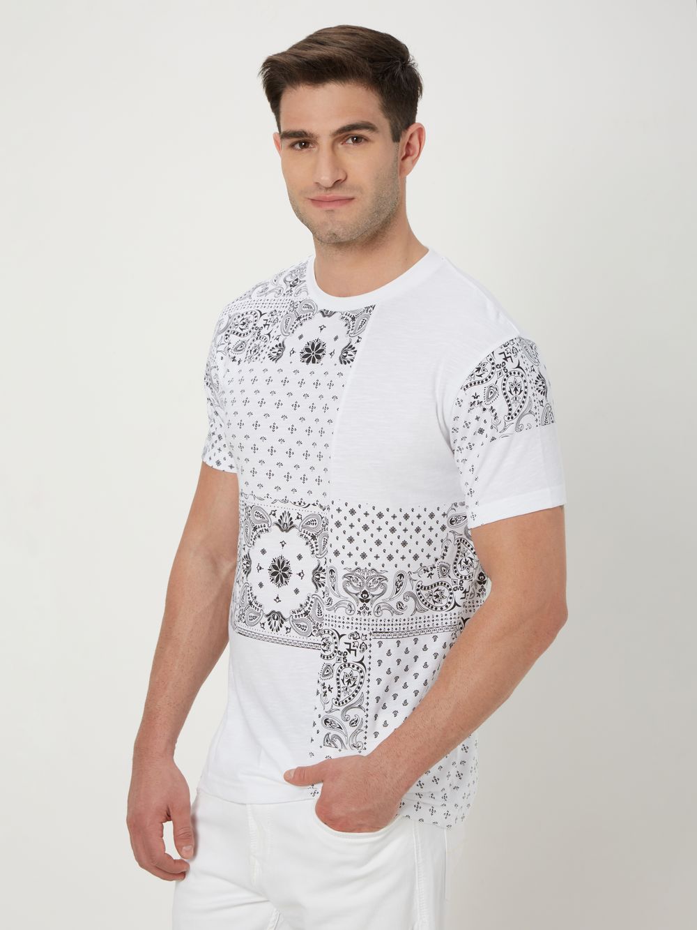 White & Black Paisley Print T-Shirt