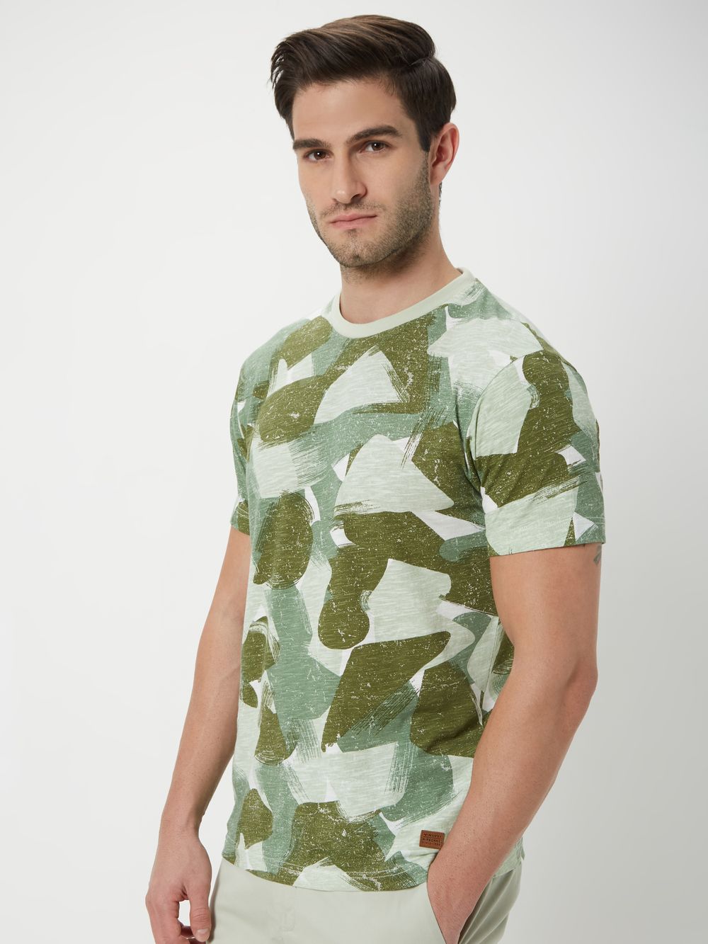 Light Olive & Olive Print Slub T-Shirt