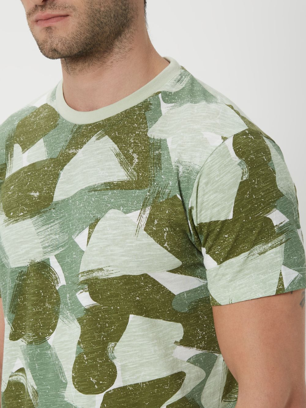 Light Olive & Olive Print Slub T-Shirt