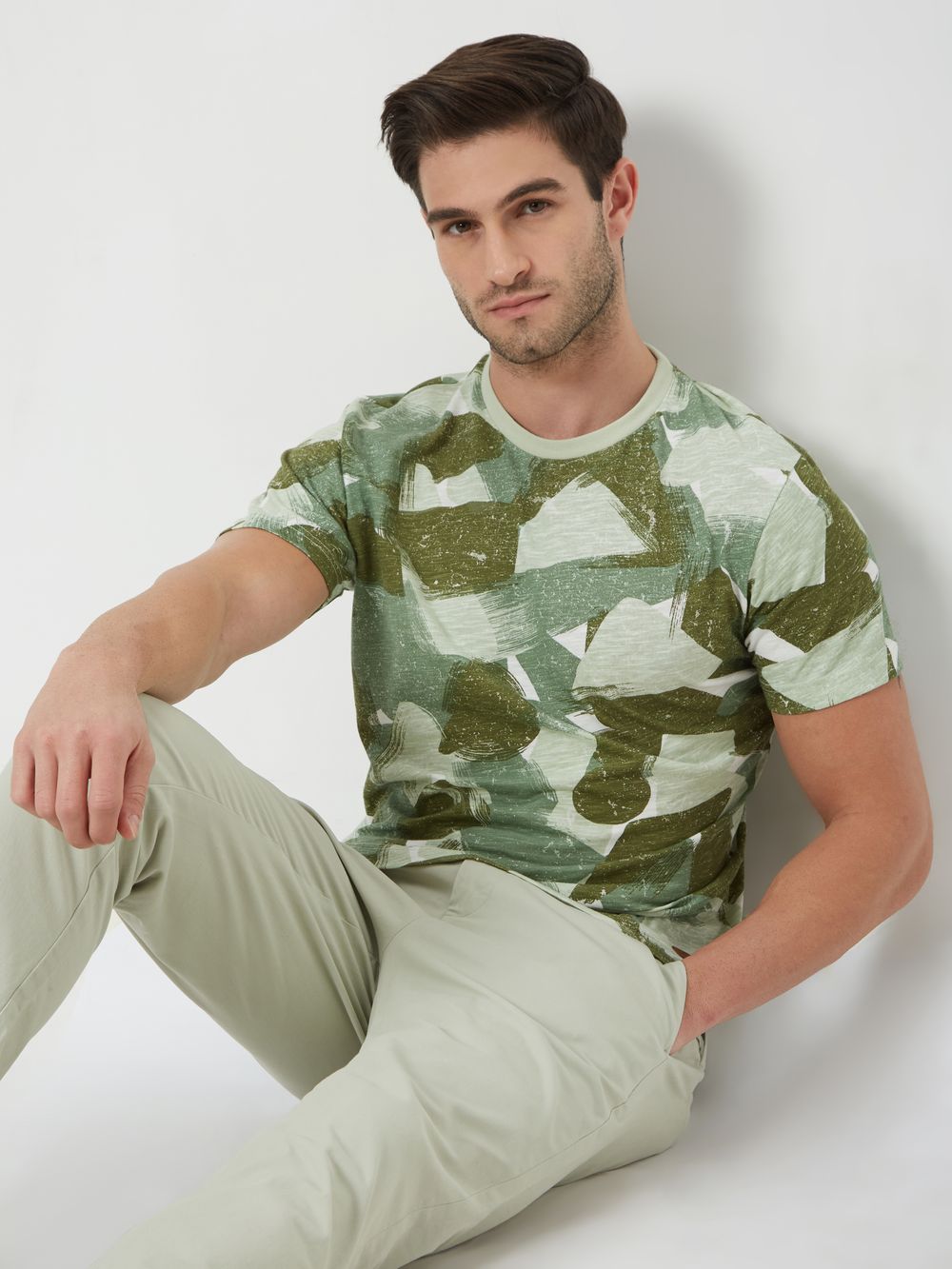 Light Olive & Olive Print Slub T-Shirt