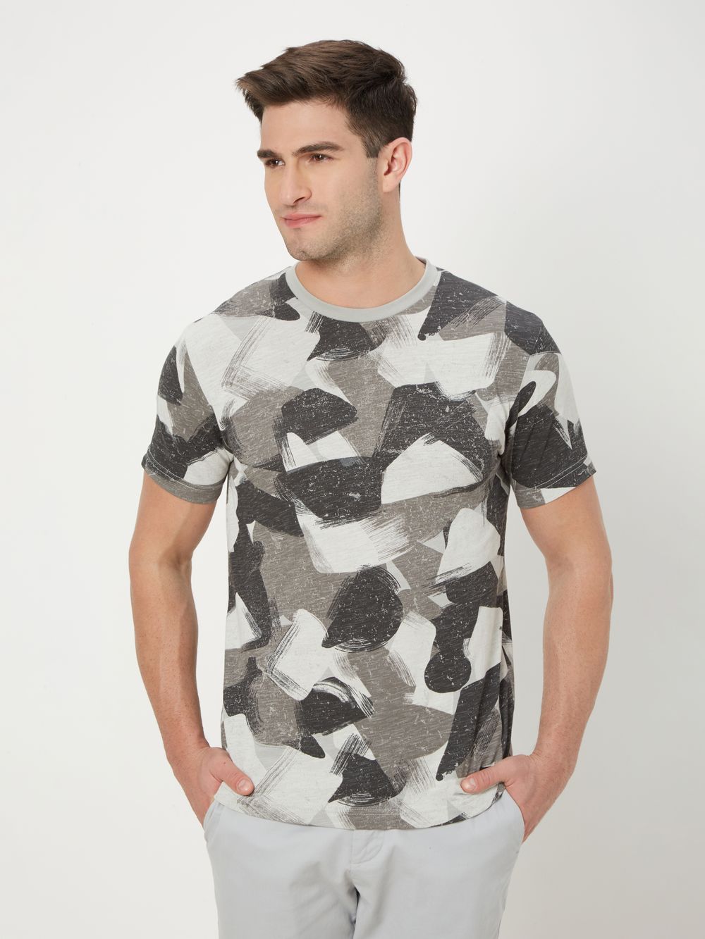 Grey & Light Grey Camo Print Slub T-Shirt