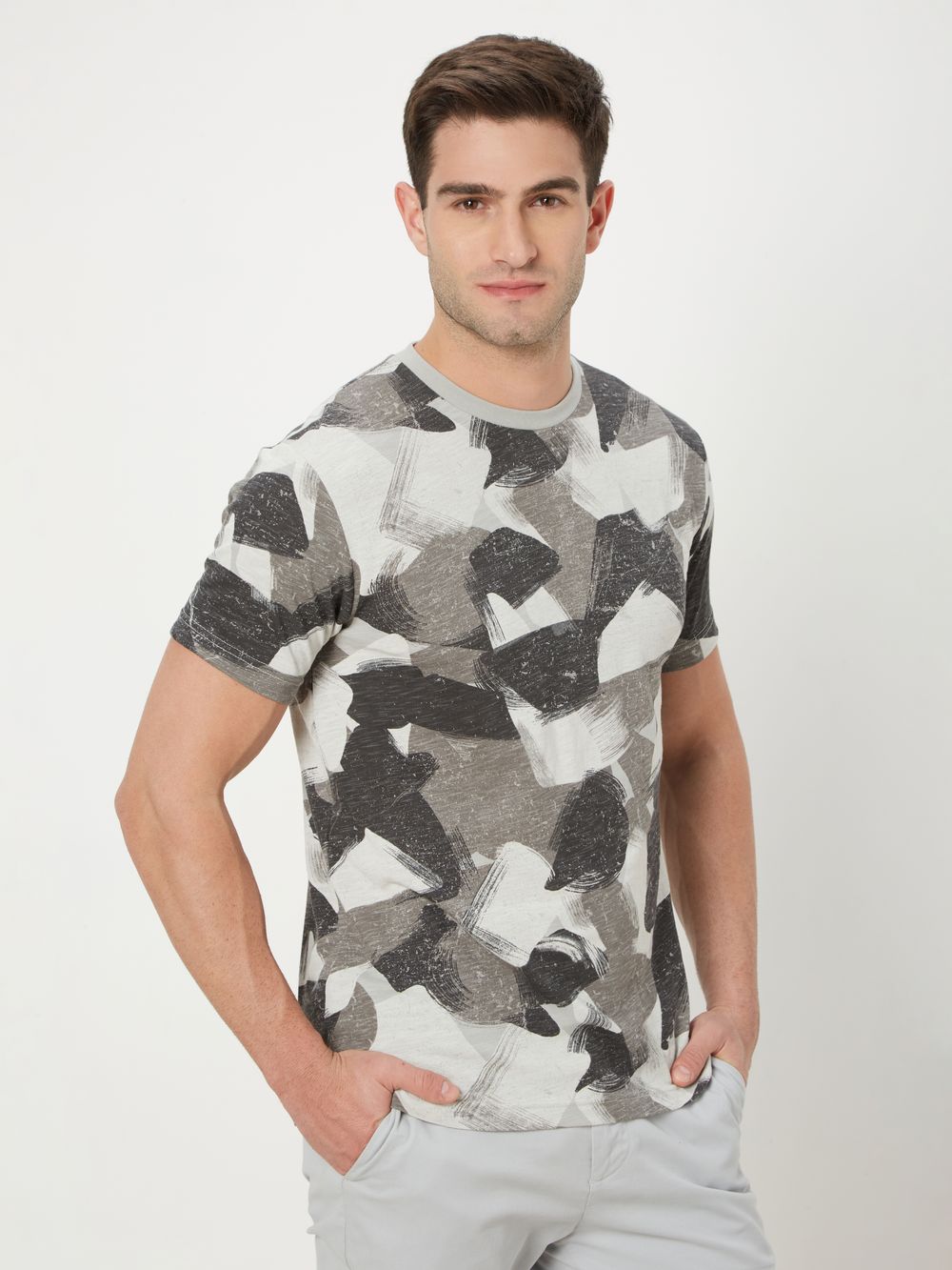 Grey & Light Grey Camo Print Slub T-Shirt