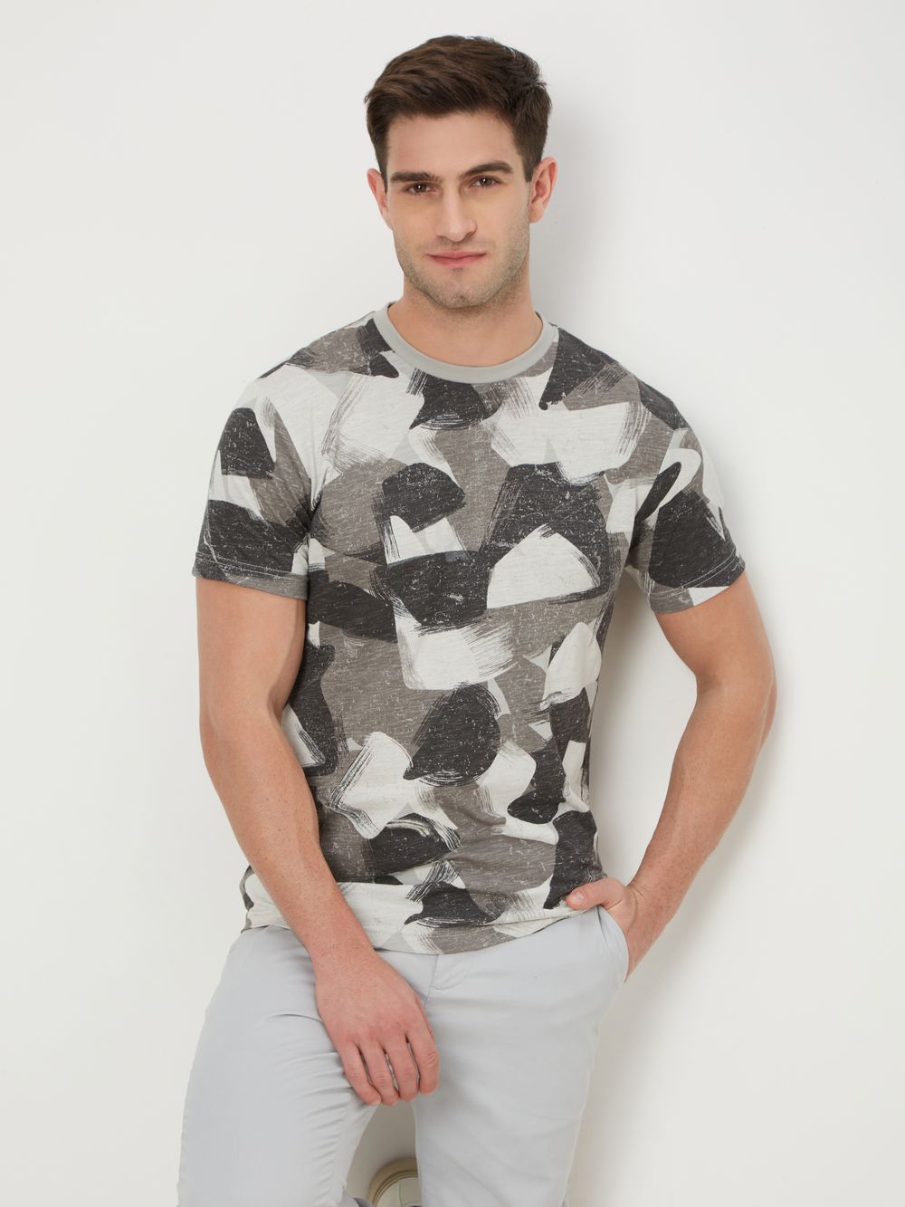 Grey & Light Grey Camo Print Slub T-Shirt