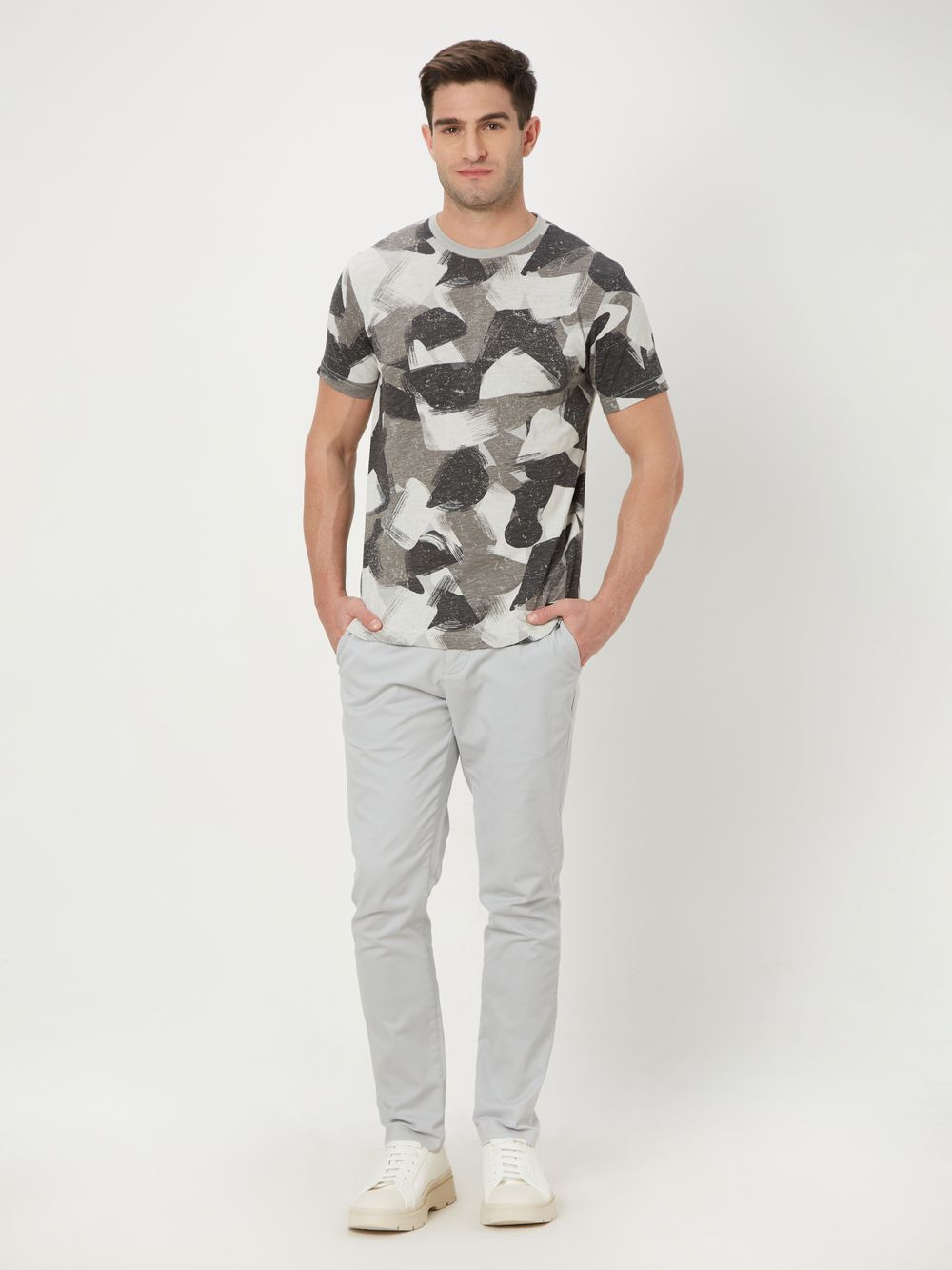 Grey & Light Grey Camo Print Slub T-Shirt