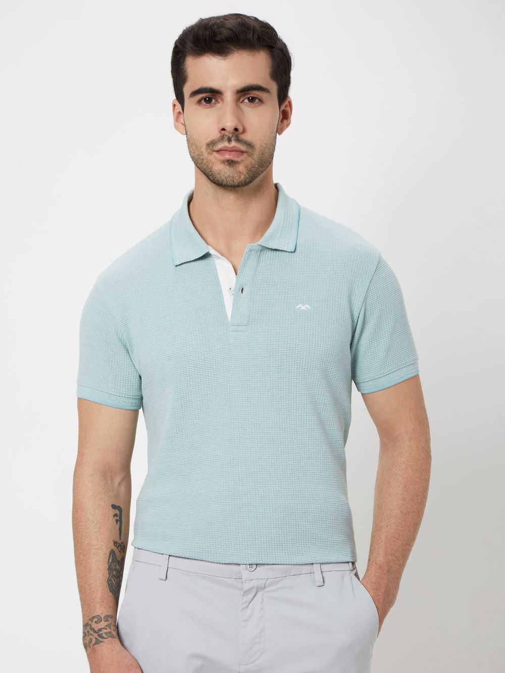 Light Blue & White Jacquard Textured Jersey Polo T-Shirt