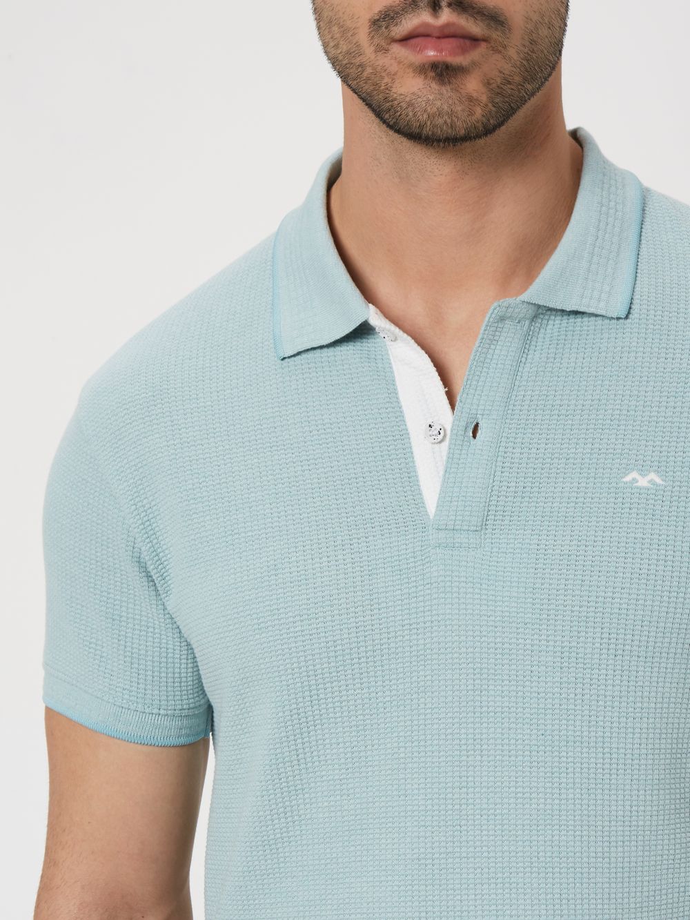 Light Blue & White Jacquard Textured Jersey Polo T-Shirt