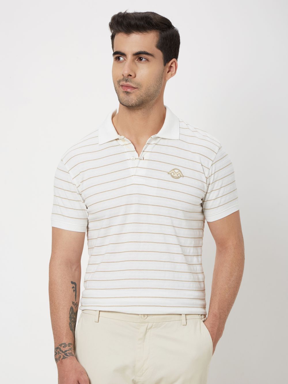 Off White & Beige Striped Jersey Polo T-Shirt