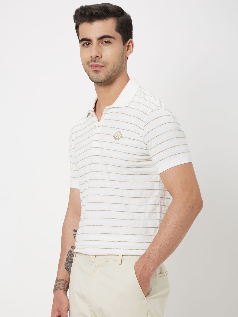 Off White & Beige Striped Jersey Polo T-Shirt