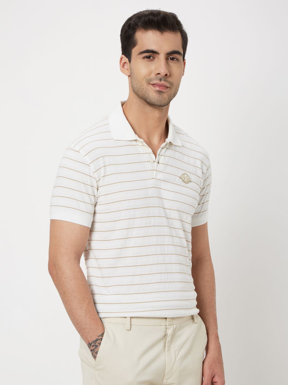 Off White & Beige Striped Jersey Polo T-Shirt