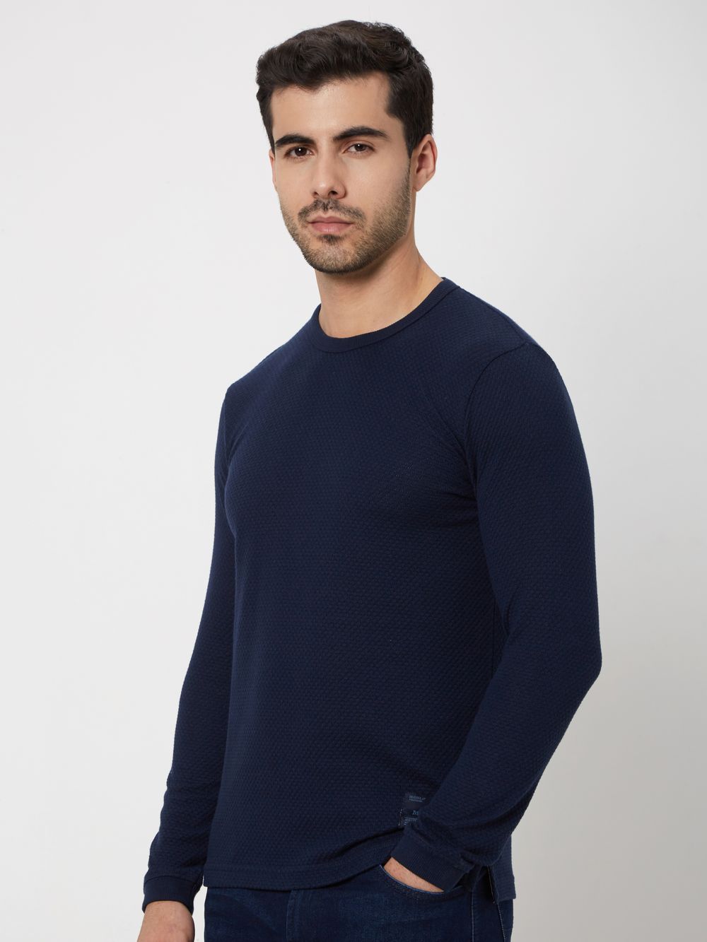 Navy Textured Plain Popcorn T-Shirt