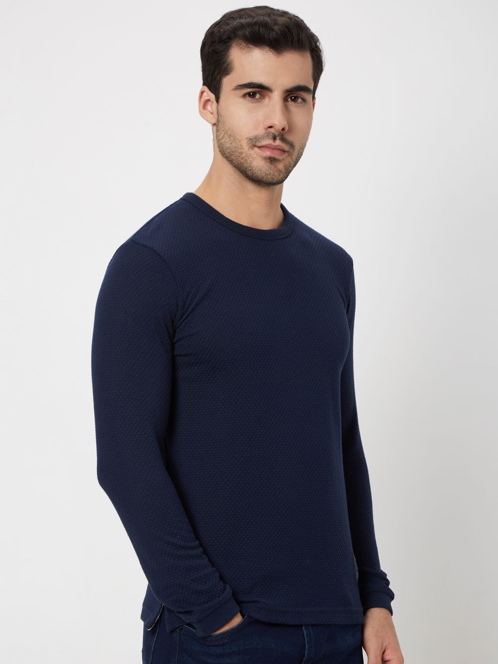 Navy Textured Plain Popcorn T-Shirt