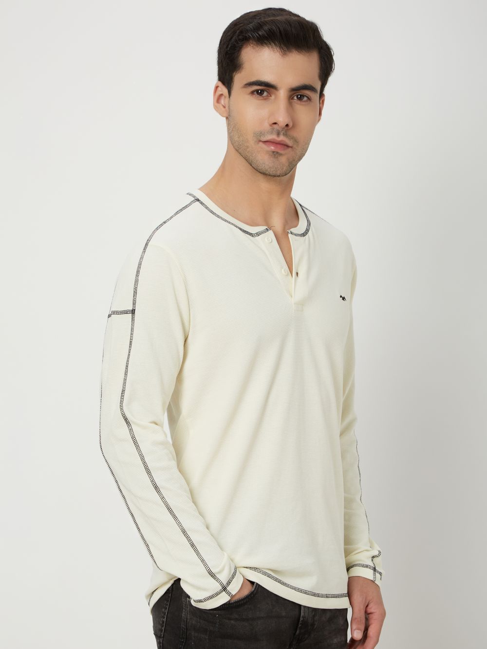 Off White & Black Textured Solid Waffle Henley T-Shirt