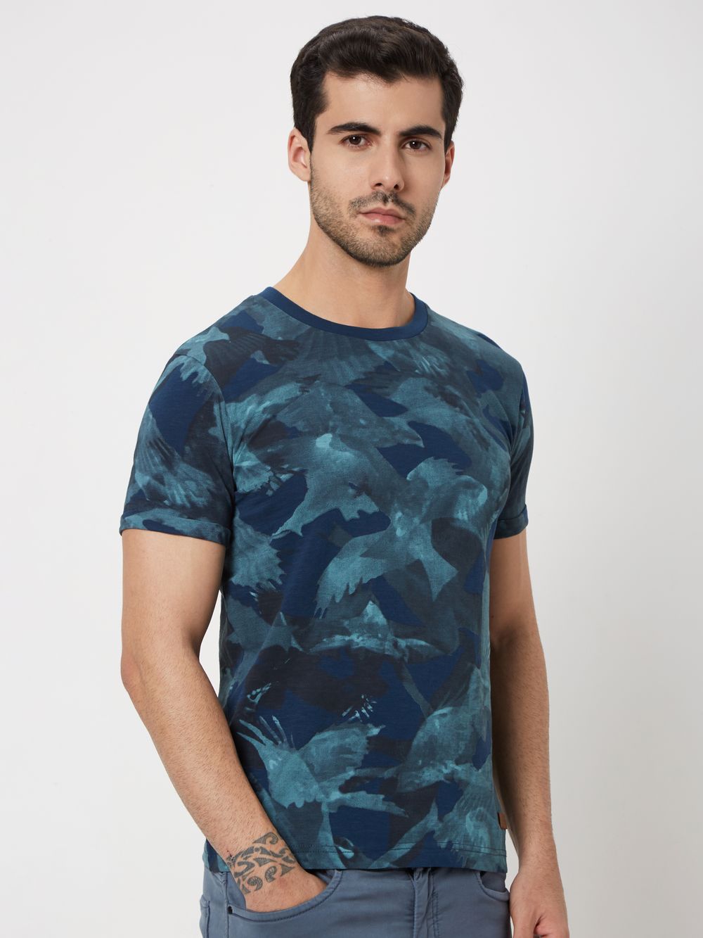 Navy Abstract Print Slub Jersey T-Shirt