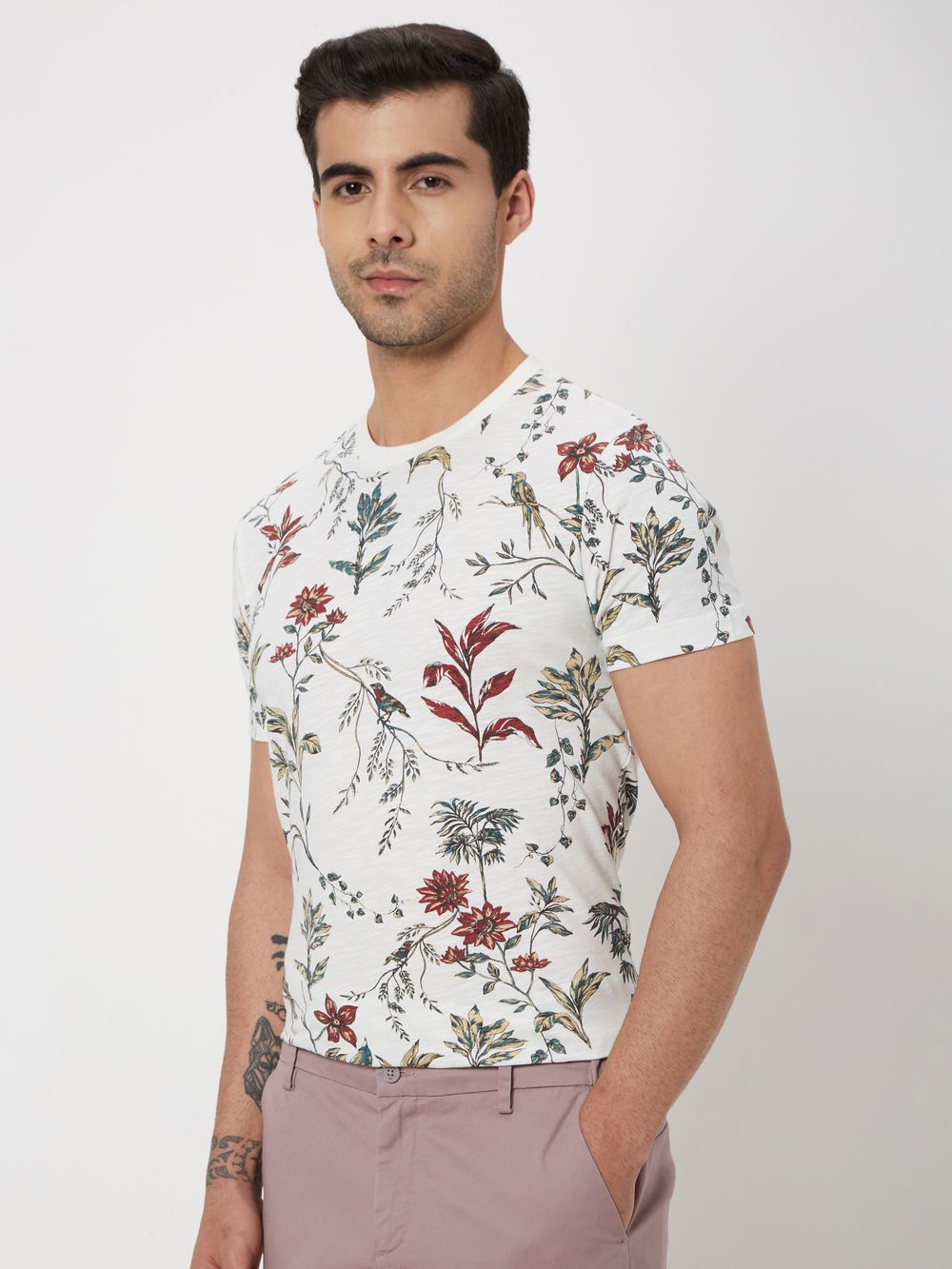 Off White & Multi Floral Print Slub Jersey T-Shirt