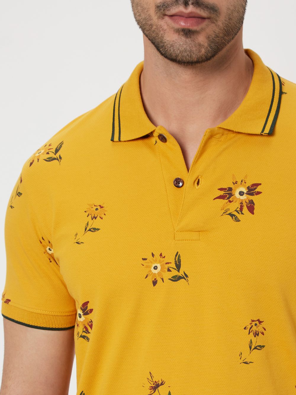 Mustard Floral Print Mini Waffle Polo T-Shirt