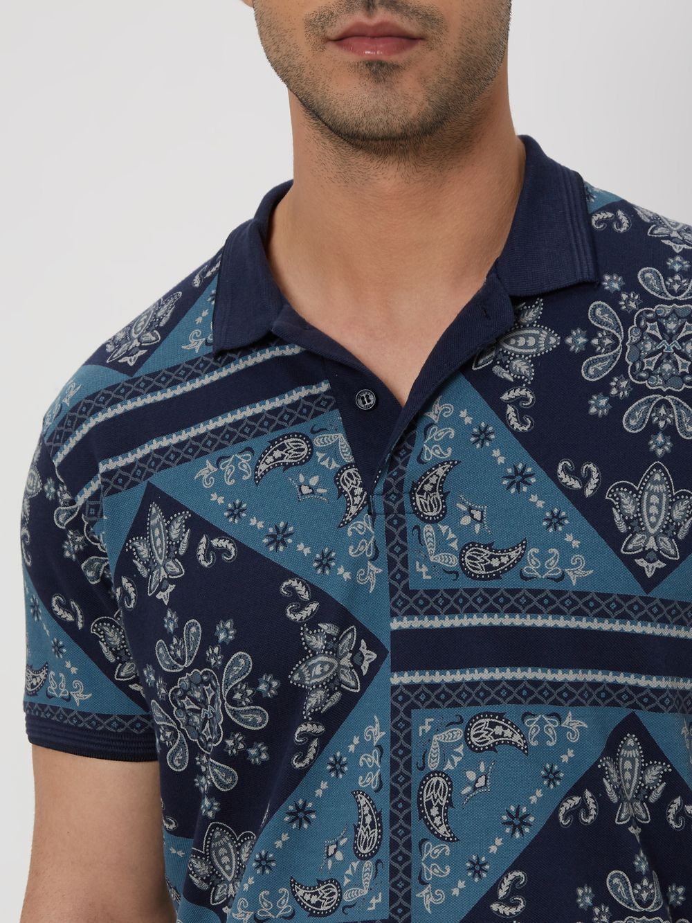 Navy Bandana Print Slim Fit Polo