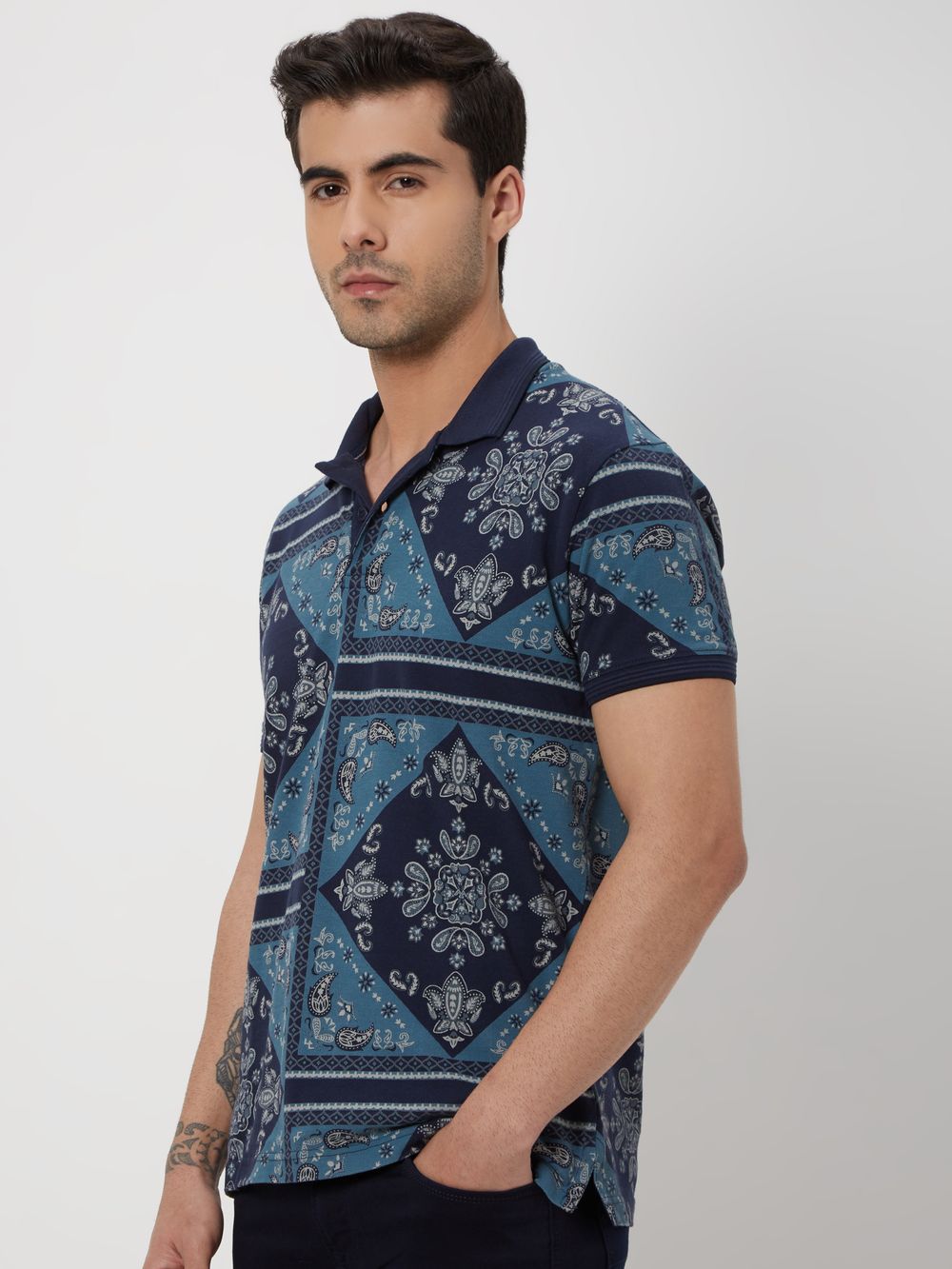 Navy Bandana Print Slim Fit Polo