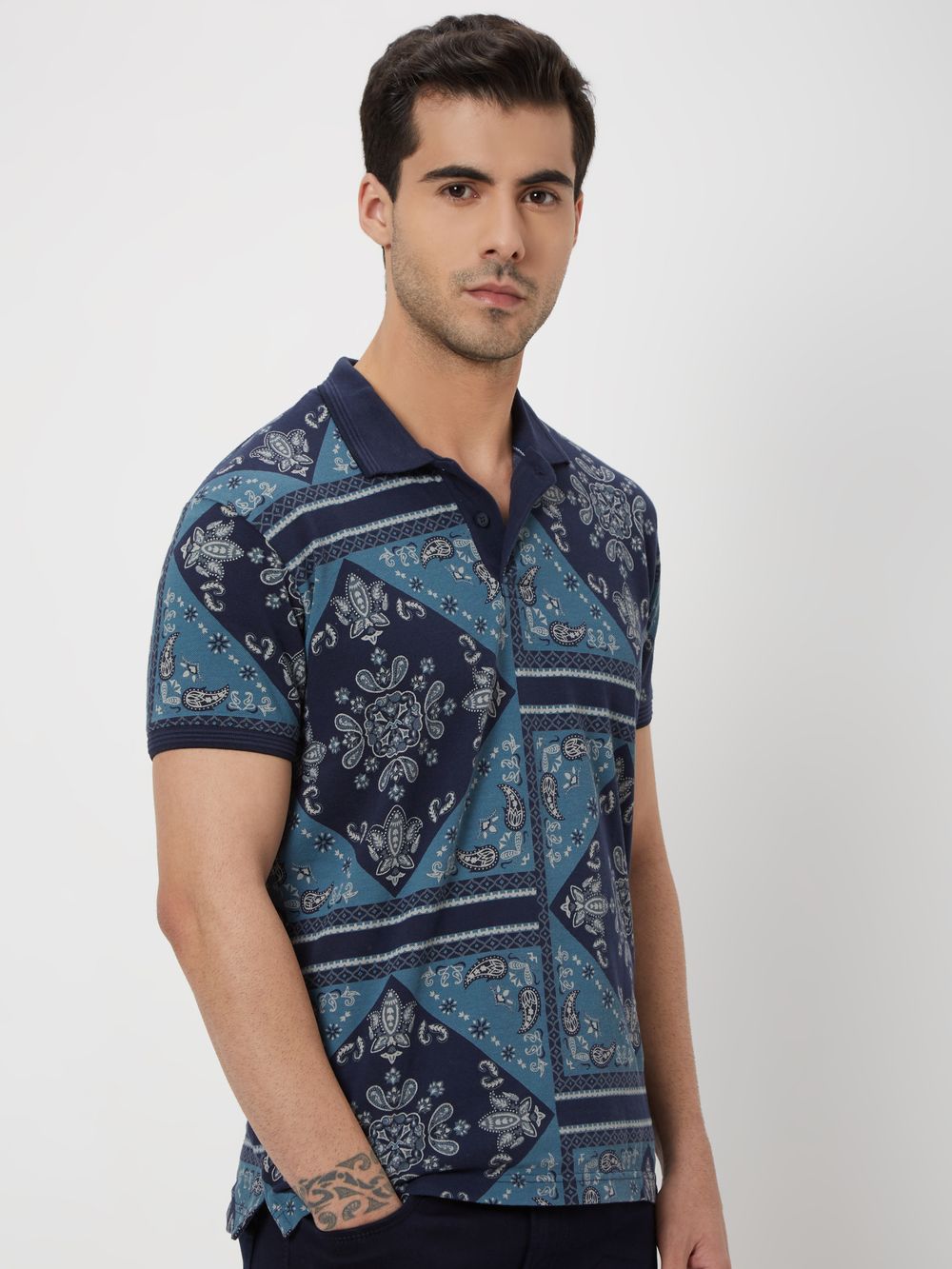 Navy Bandana Print Slim Fit Polo