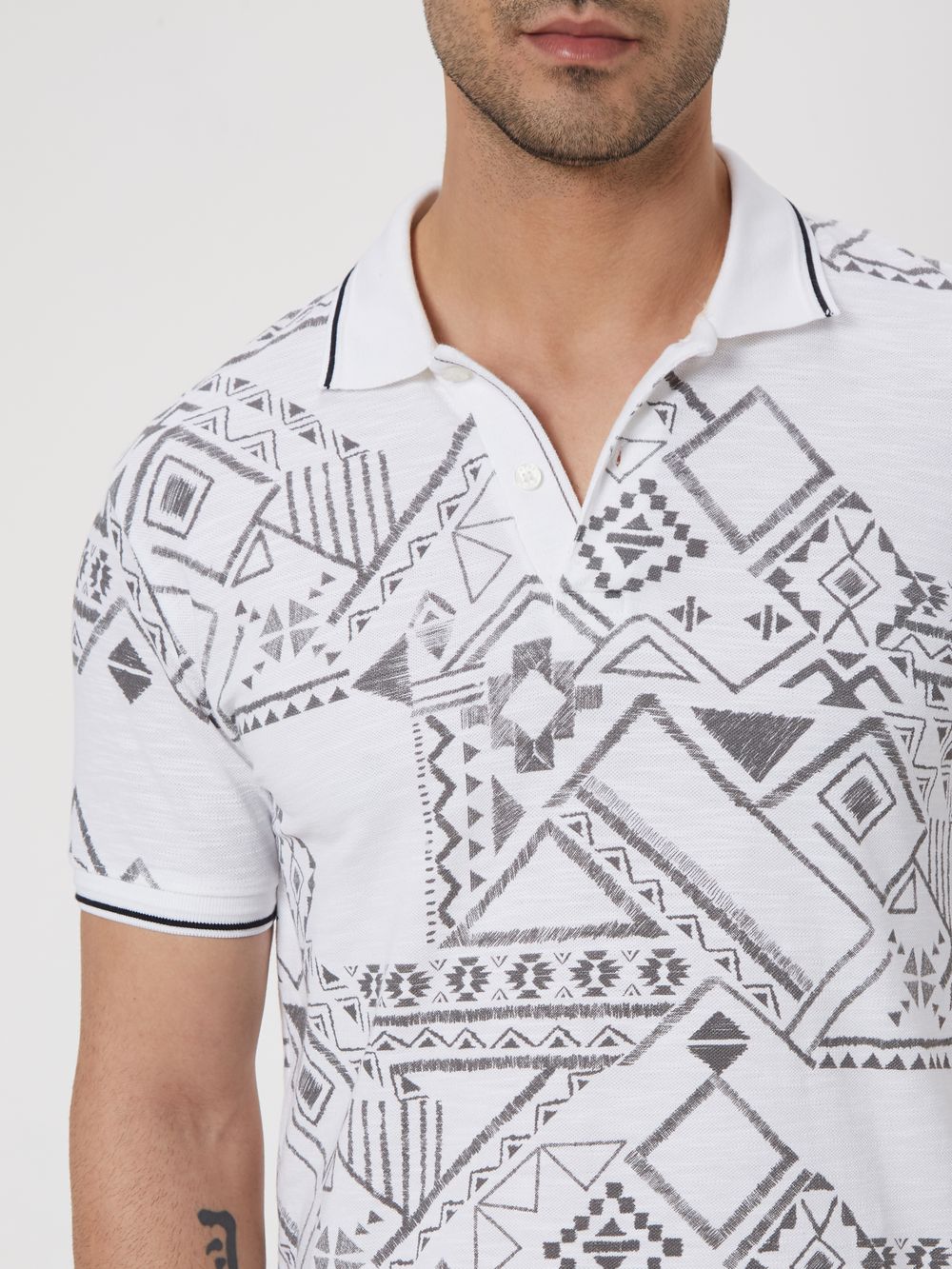White & Black Tribal Print Pique Polo T-Shirt