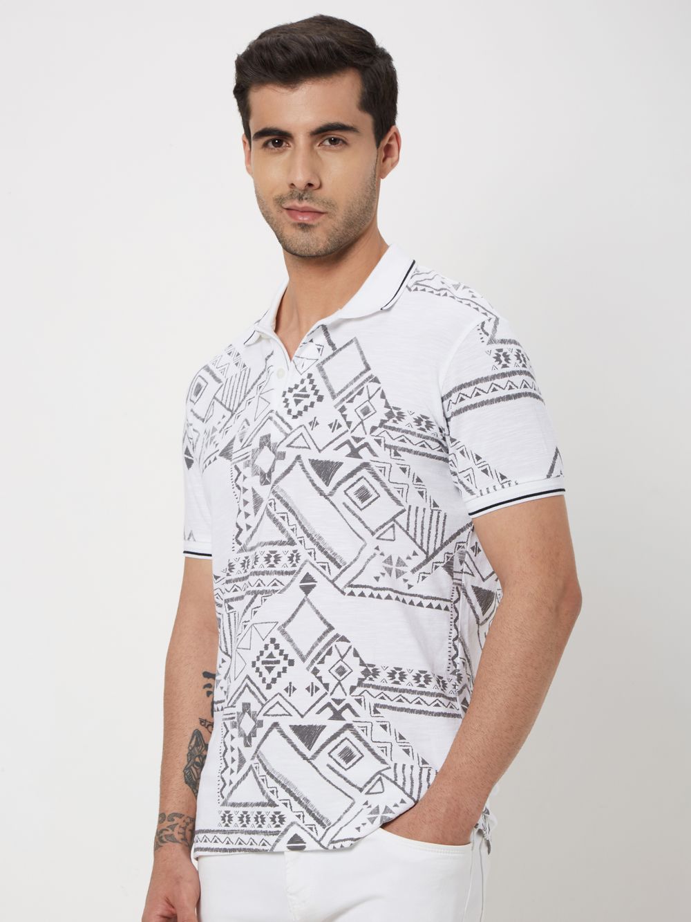 White & Black Tribal Print Pique Polo T-Shirt