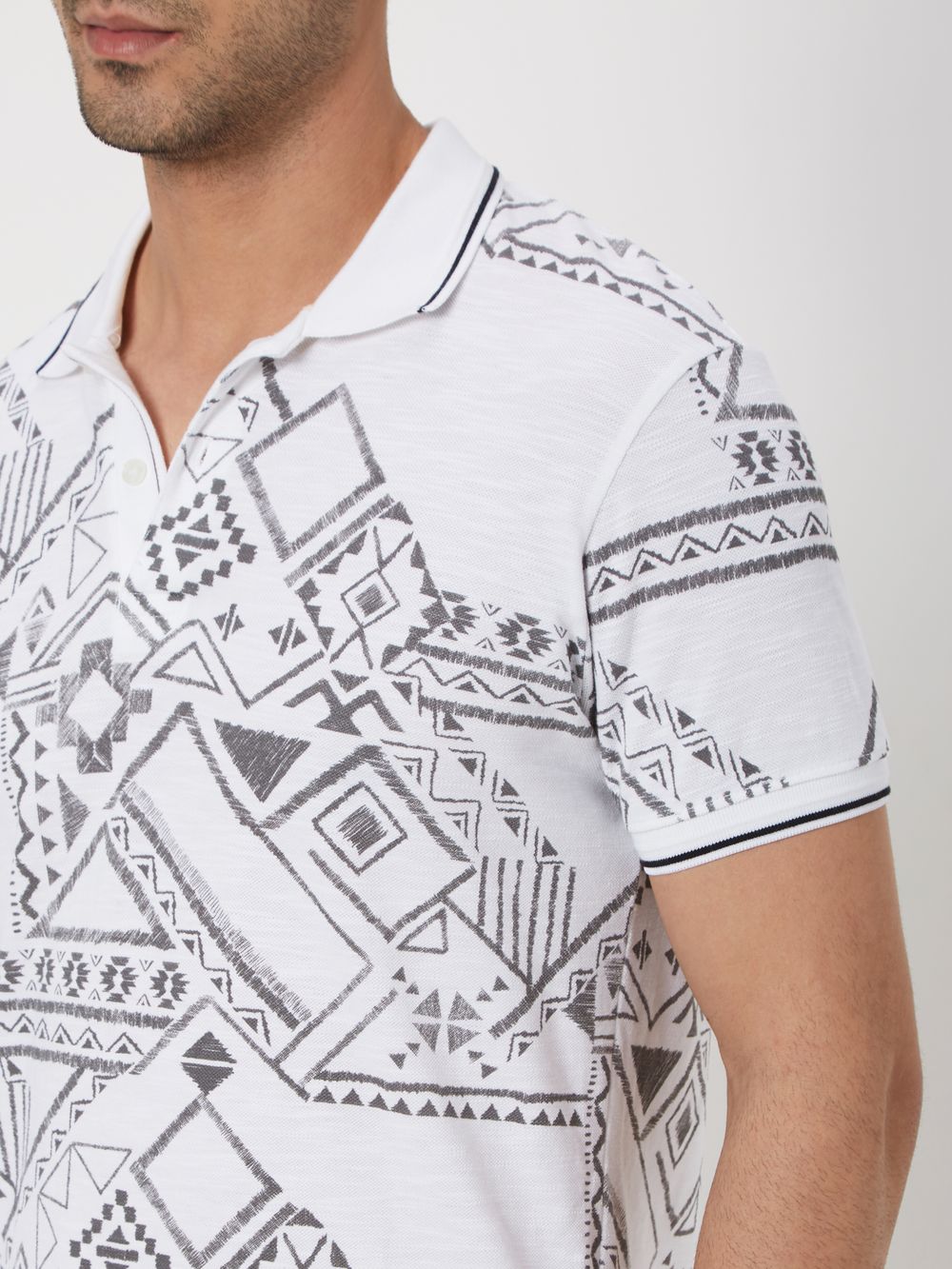 White & Black Tribal Print Pique Polo T-Shirt