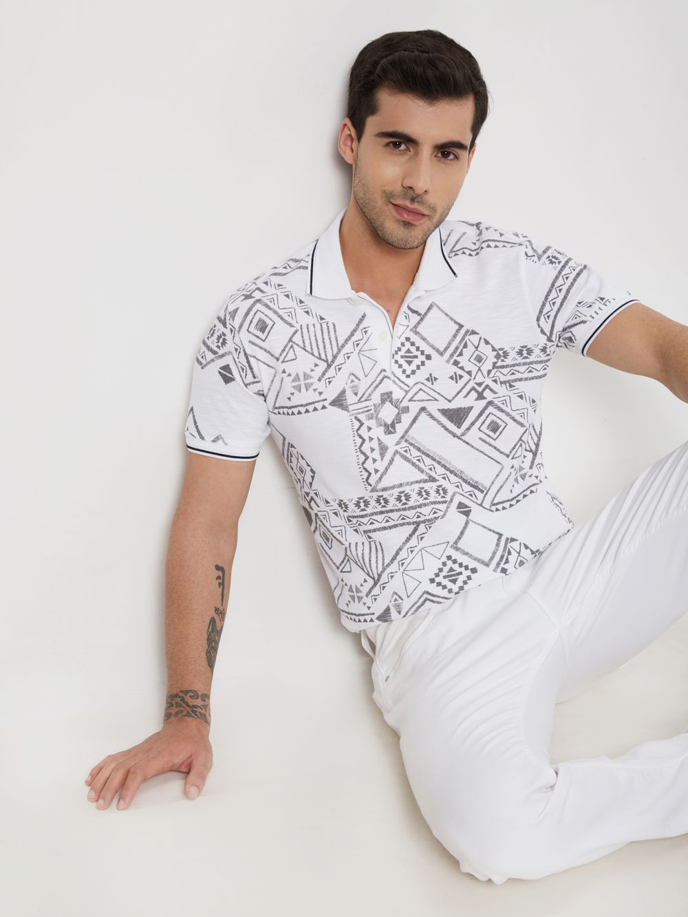 White & Black Tribal Print Pique Polo T-Shirt