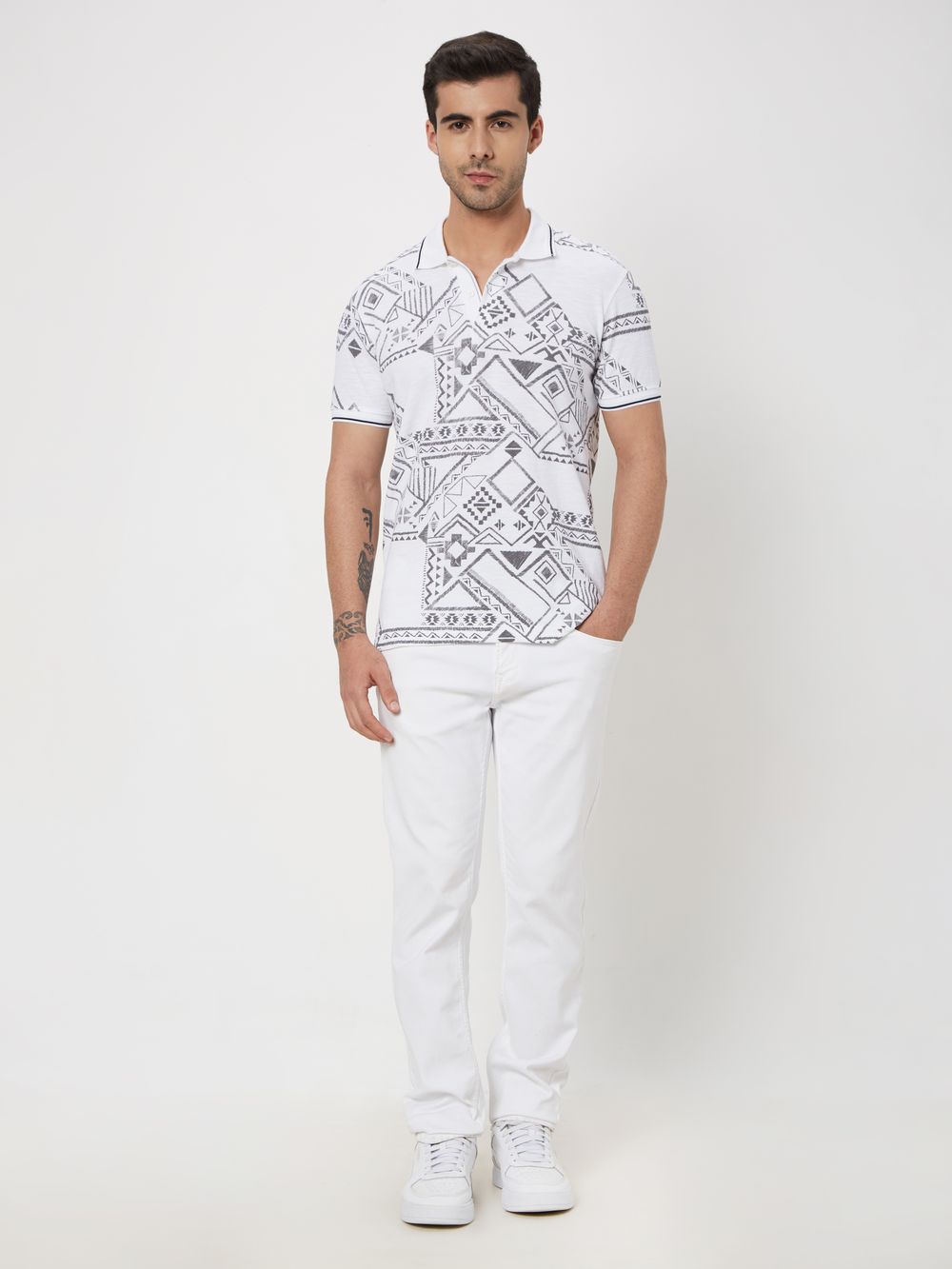White & Black Tribal Print Pique Polo T-Shirt