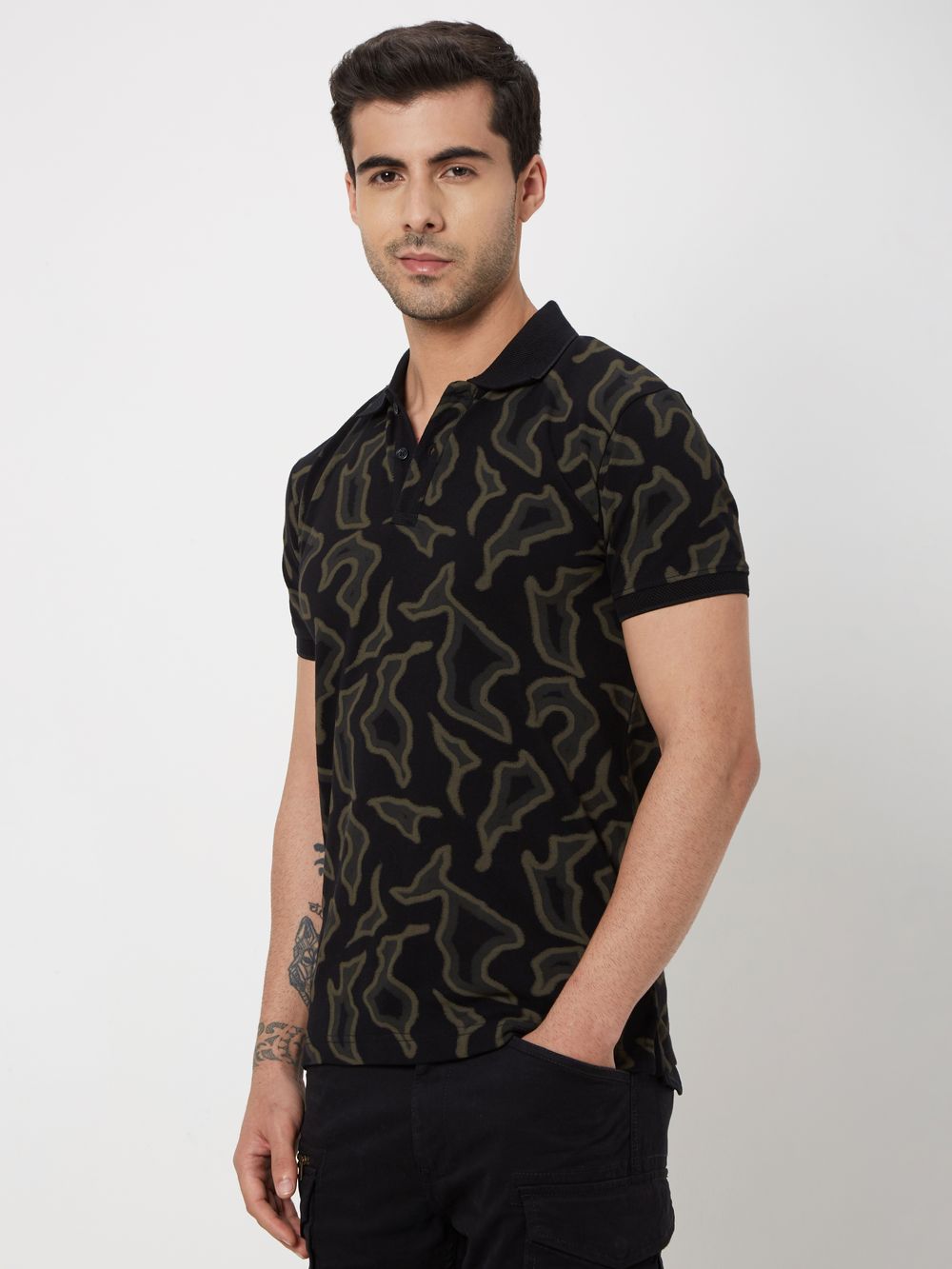 Black & Grey Abstract Print Pique Polo T-Shirt