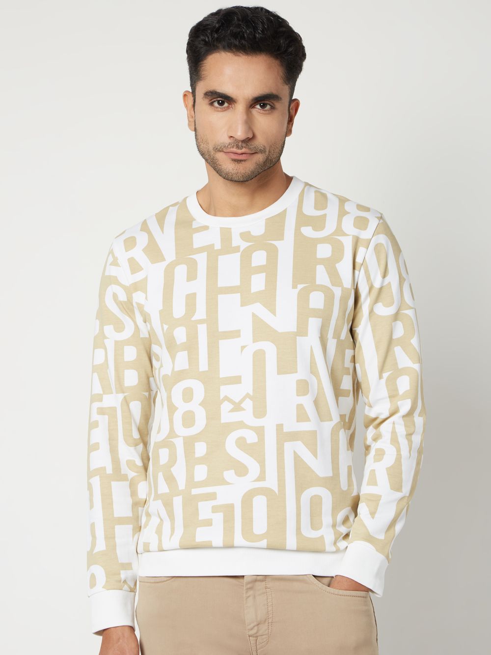 White & Beige Abstract Print Loopback Sweatshirt