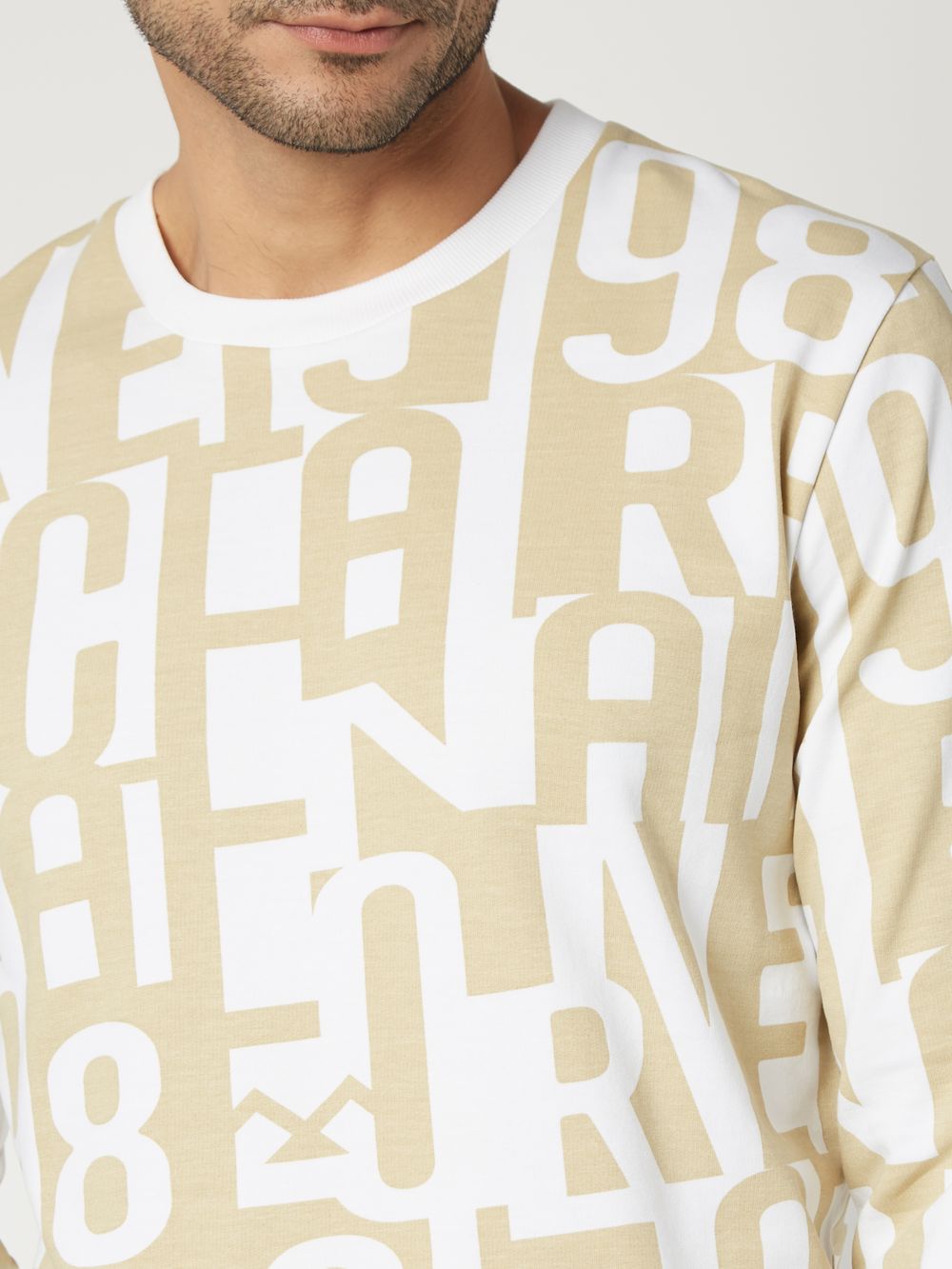 White & Beige Abstract Print Loopback Sweatshirt