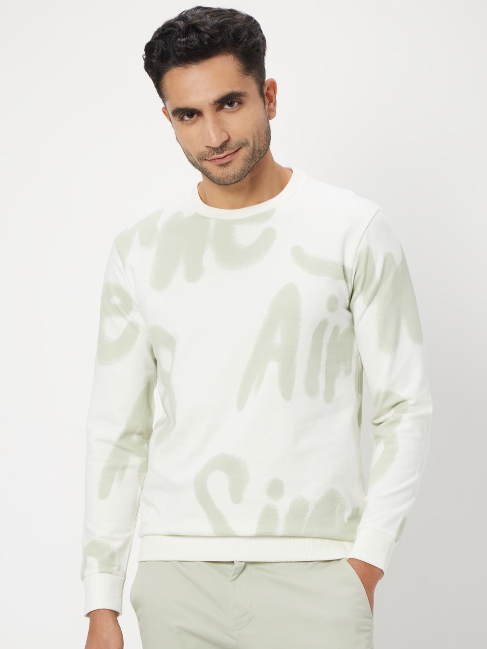 Off White & Green Print Loopback Sweatshirt