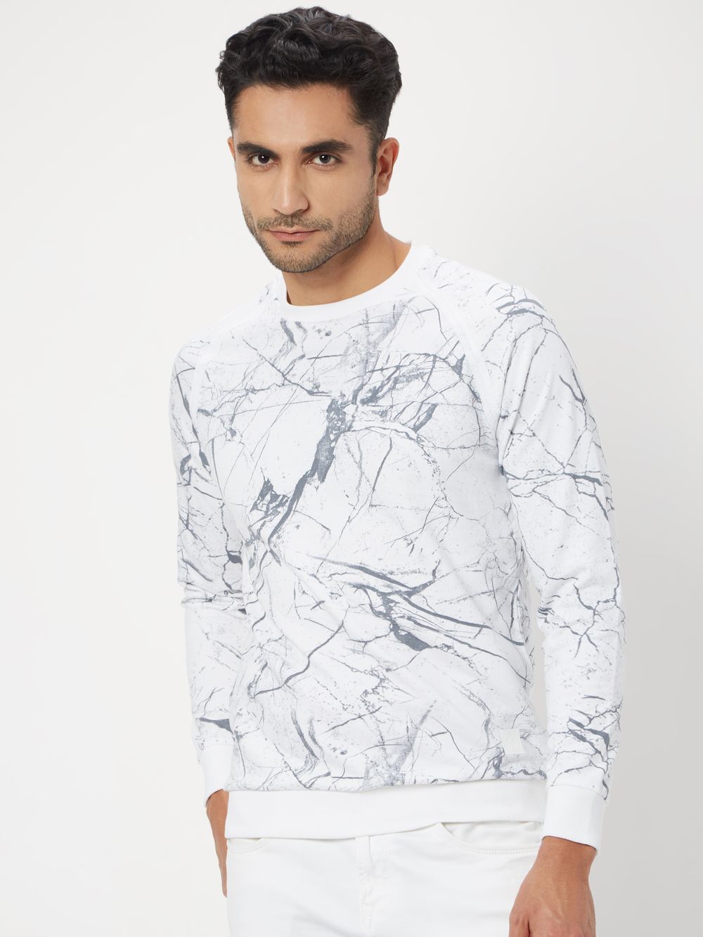 White Abstract Print Loopback Sweatshirt