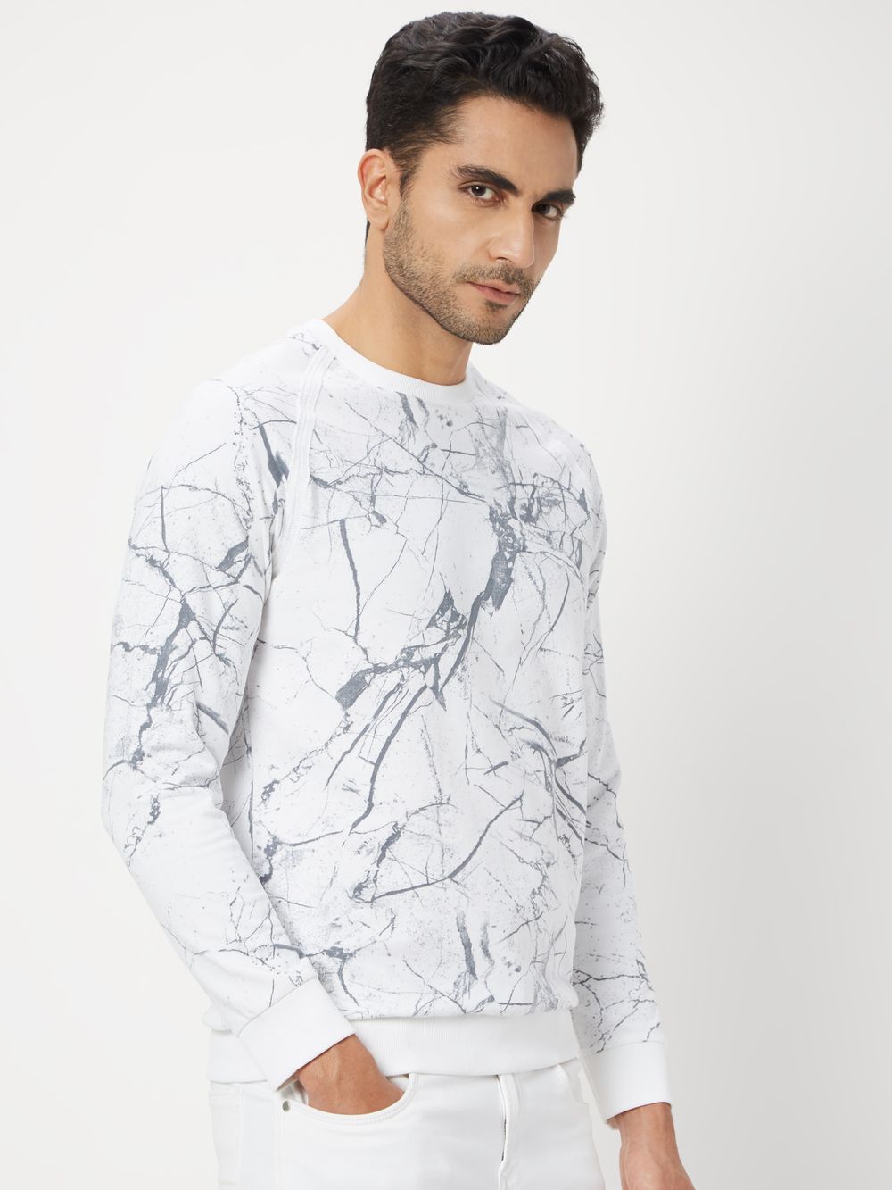 White Abstract Print Loopback Sweatshirt