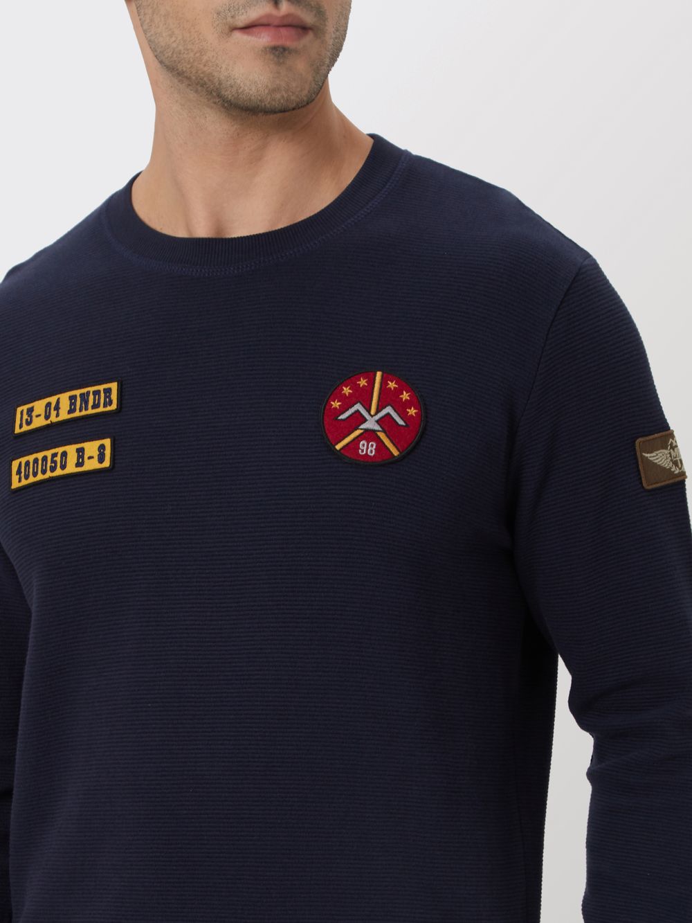 Navy Badged Chest Slim Fit Textured Jersey Sweatshirt