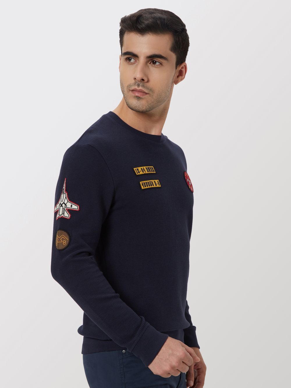 Navy Badged Chest Slim Fit Textured Jersey Sweatshirt