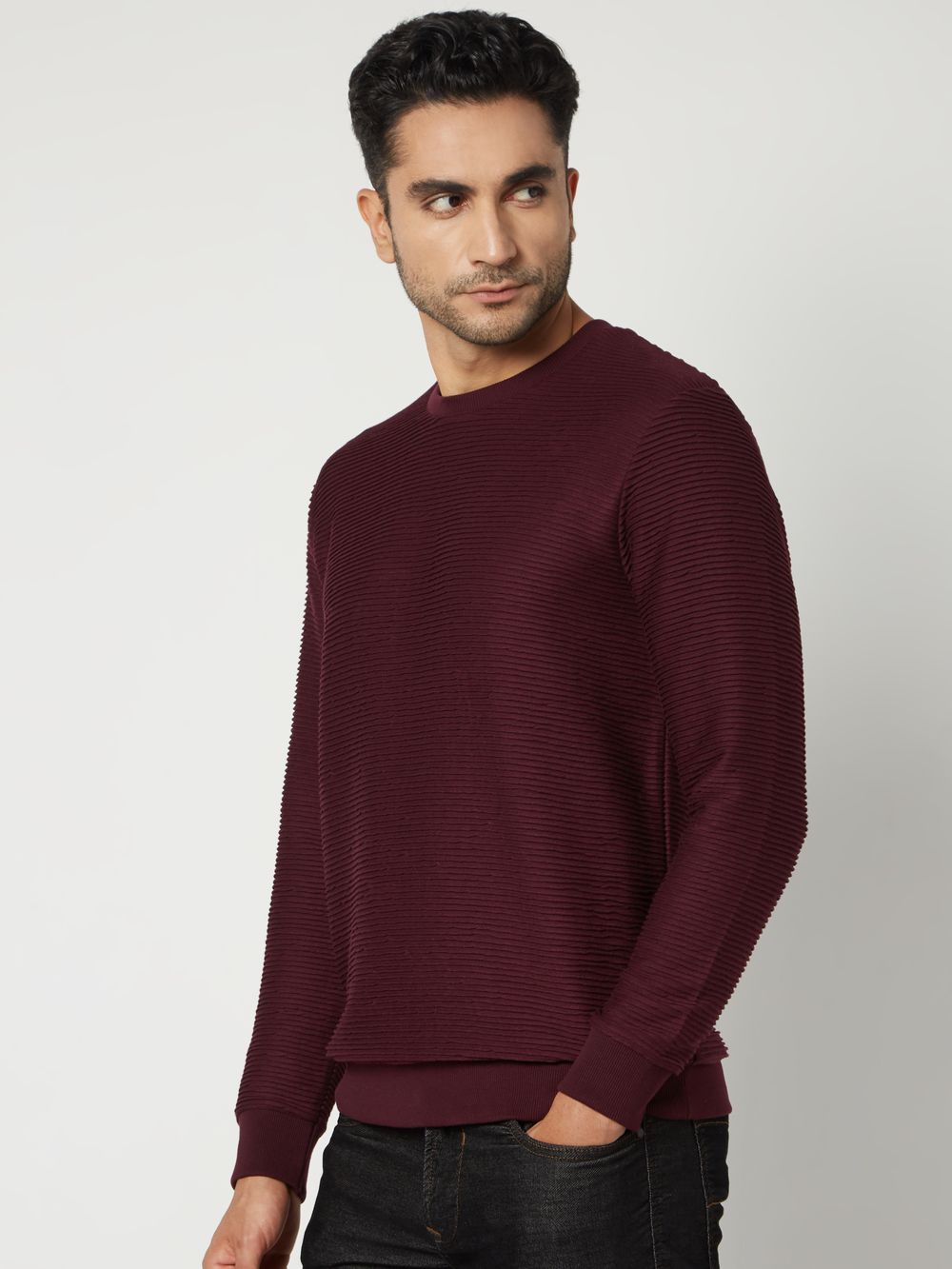 Maroon Jacquard Textured Jersey Sweatshirt