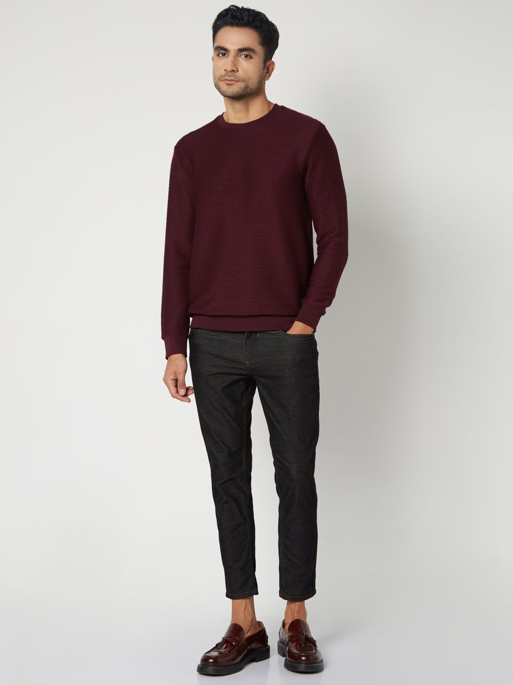 Maroon Jacquard Textured Jersey Sweatshirt